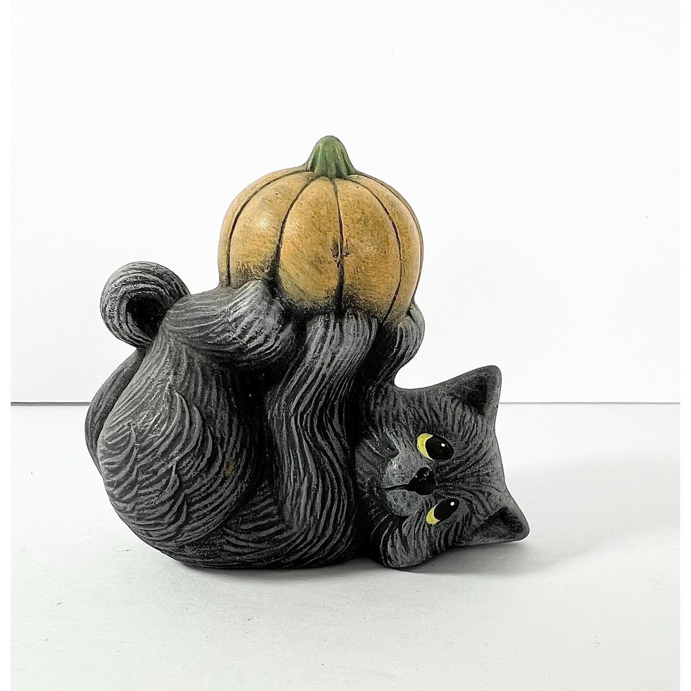Vintage Halloween Cat with pumpkin hobbyist ceramic handpainted kitten spooky